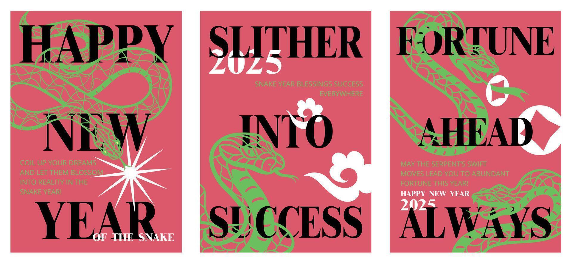 Set of 2025 Year of the Snake posters featuring snake in paper cut art style on red backgrounds, and motivational messages about success and fortune. Celebratory, modern design. vector