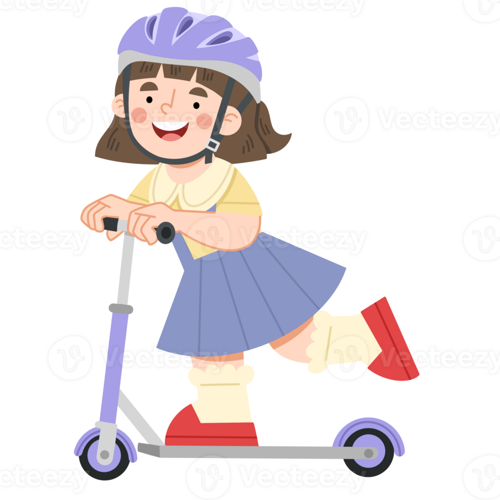 Illustration of cute little girl riding a kick scooter png