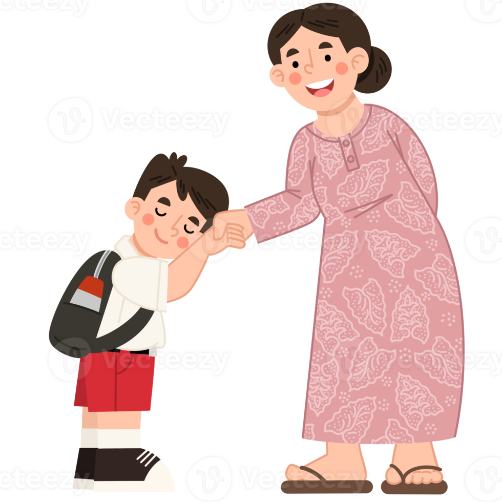 Illustration of a school boy saying goodbye to his mother png