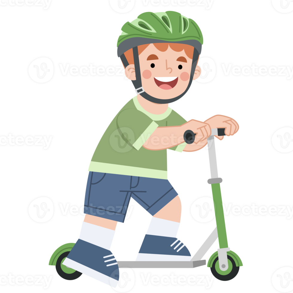 Illustration of a happy little boy riding a kick scooter png