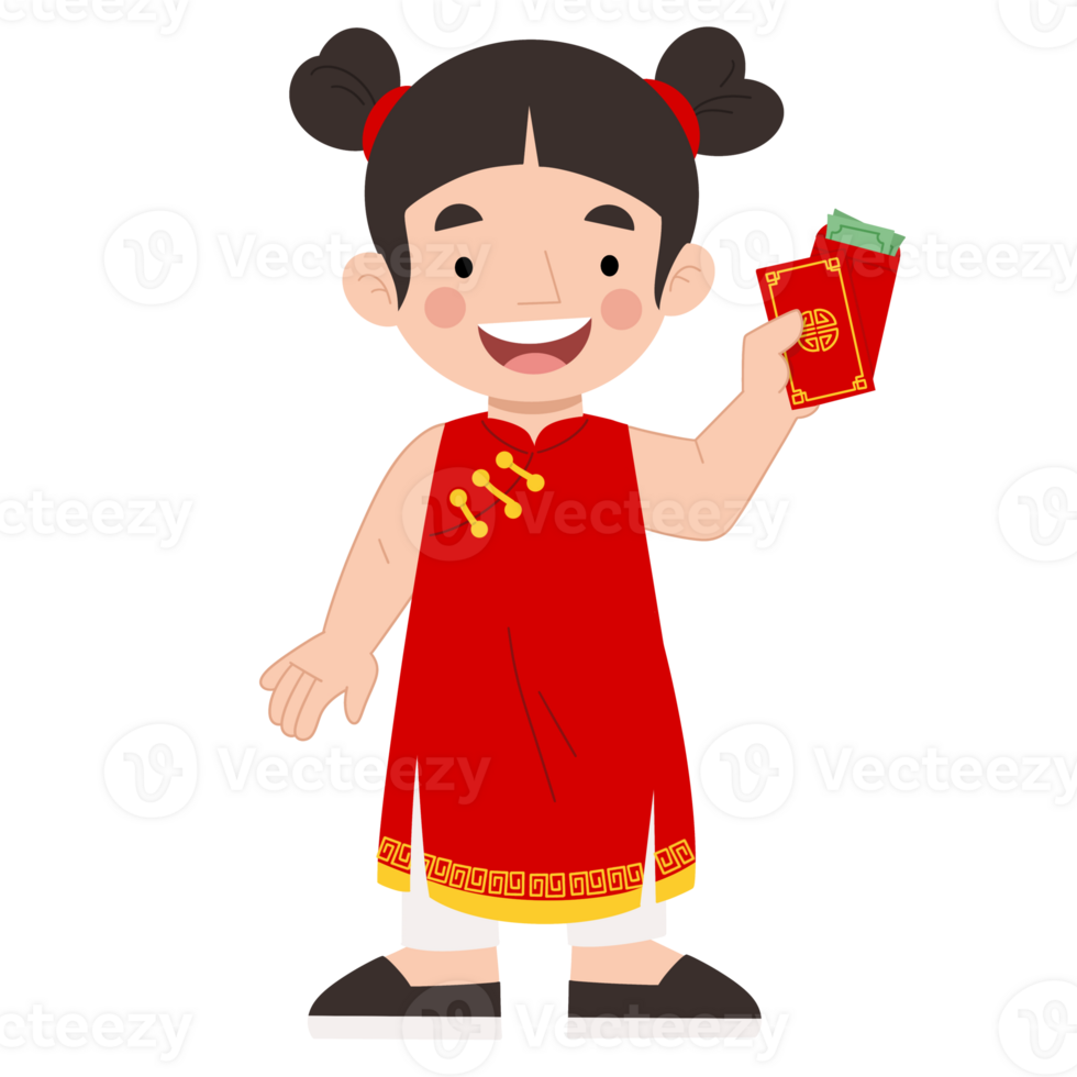 Illustration of a Chinese little girl with red envelopes png