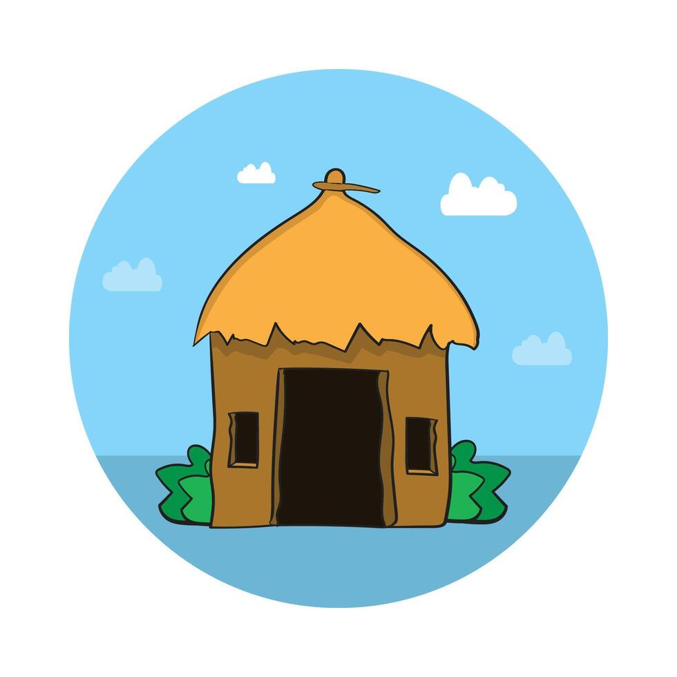 Hand drawn african style traditional house, bungalow with thatched roof illustration vector