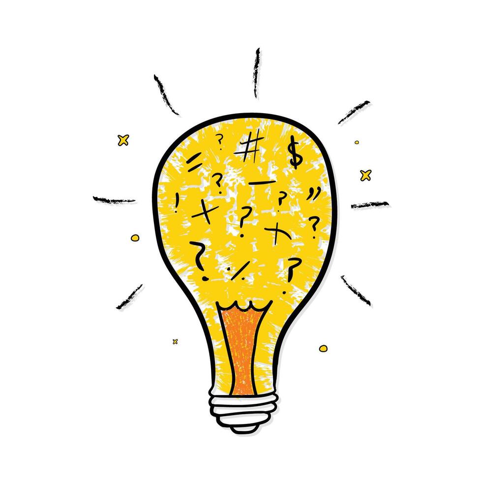 Symbol of creativity, hand drawn idea light bulb with rays shine, doodle cartoon style innovation illustration vector