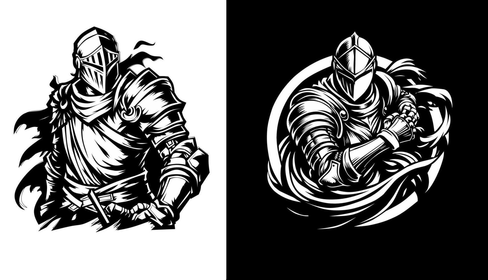 A detailed illustration of a medieval knight in full armor, depicted in black and white with intricate lines and shading vector