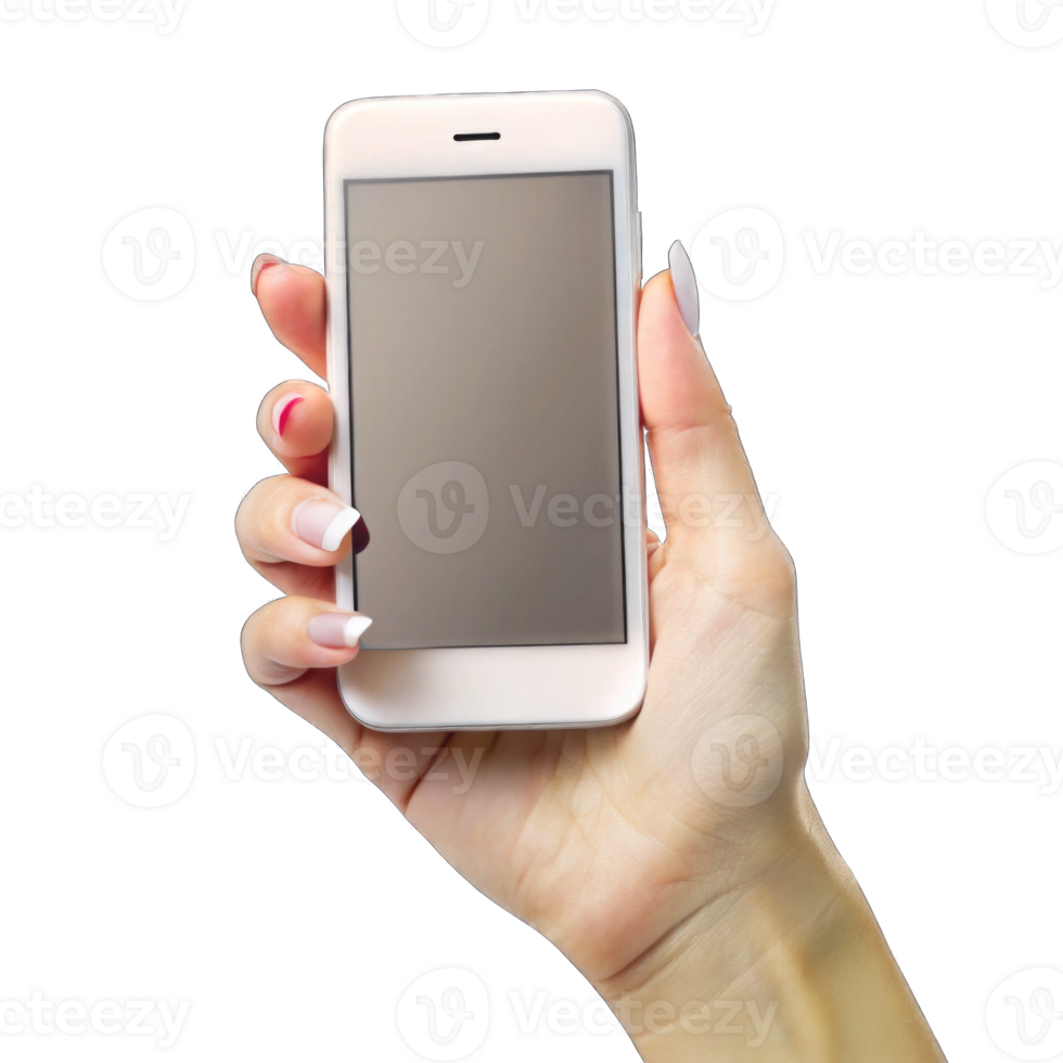 Woman hand holding smartphone with blank screen, Mobile phone screen mockup cutout png