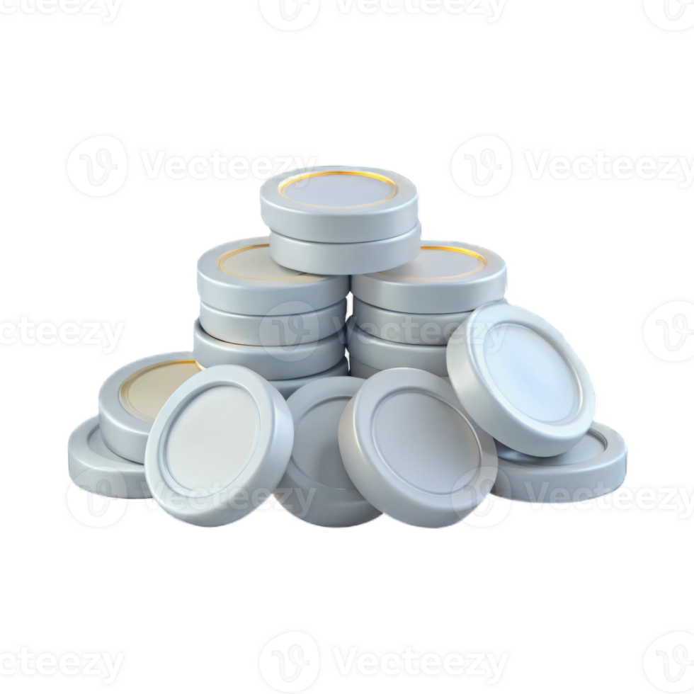 Pile of silver coins isolated on transparent background cutout png