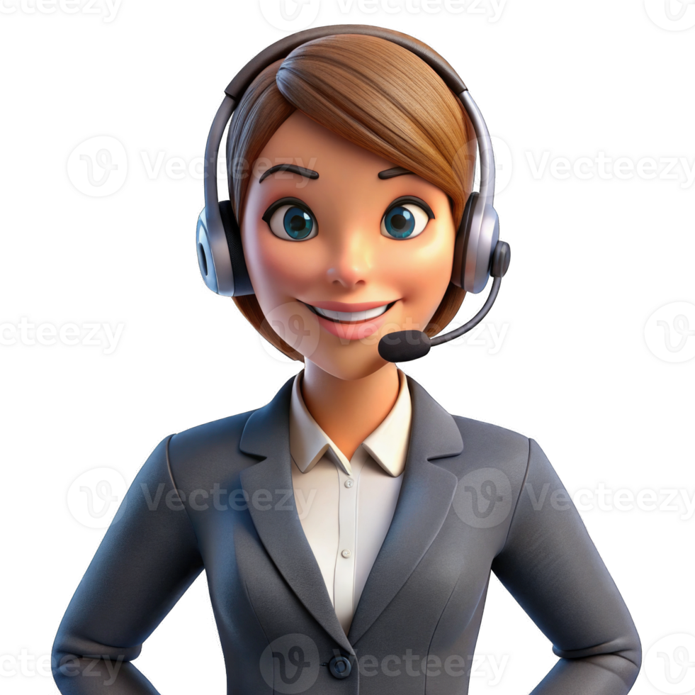 Young cartoon businesswoman using headphone on calling isolated on transparent background png