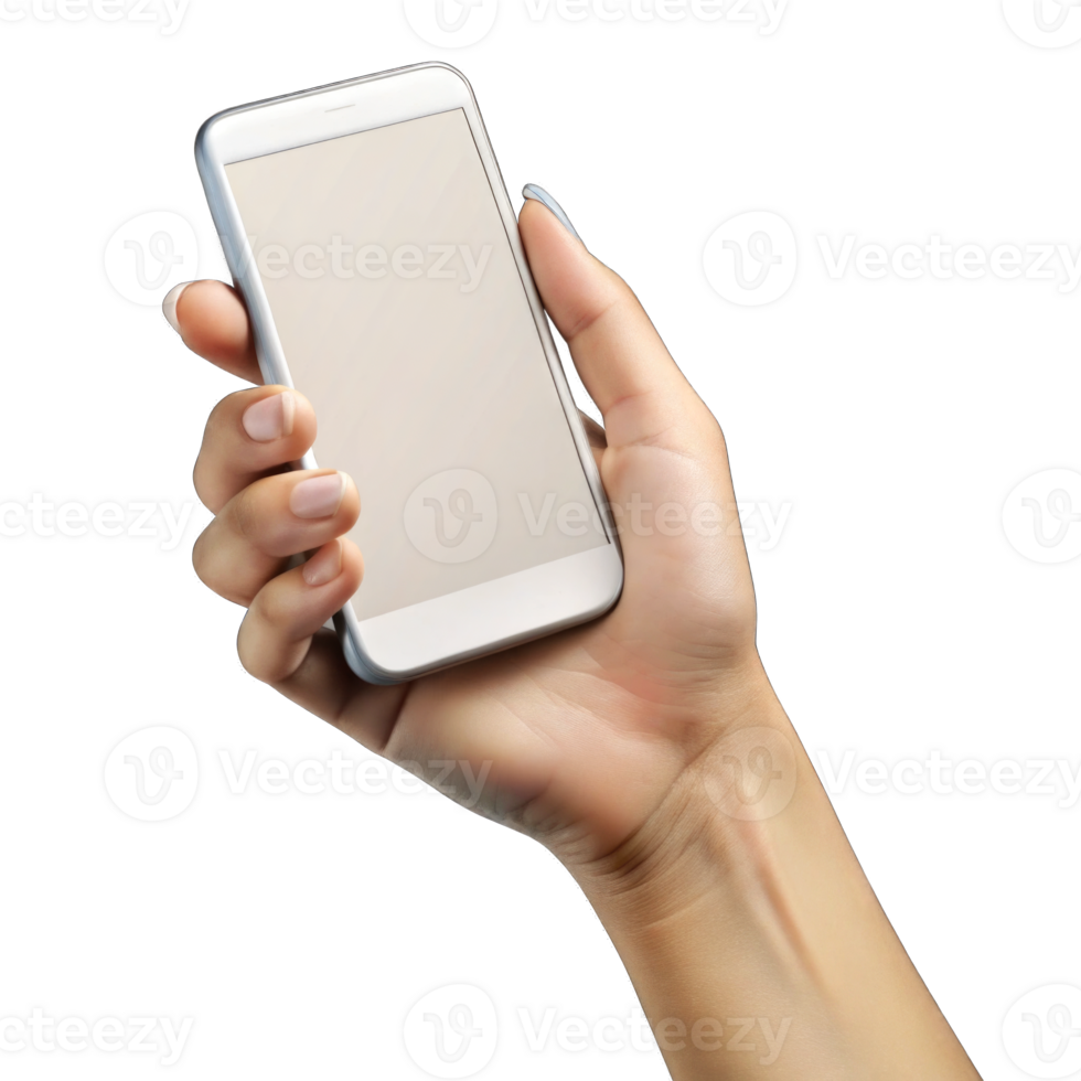 Woman hand holding smartphone with blank white screen, Mobile phone screen mockup isolated on transparent background png