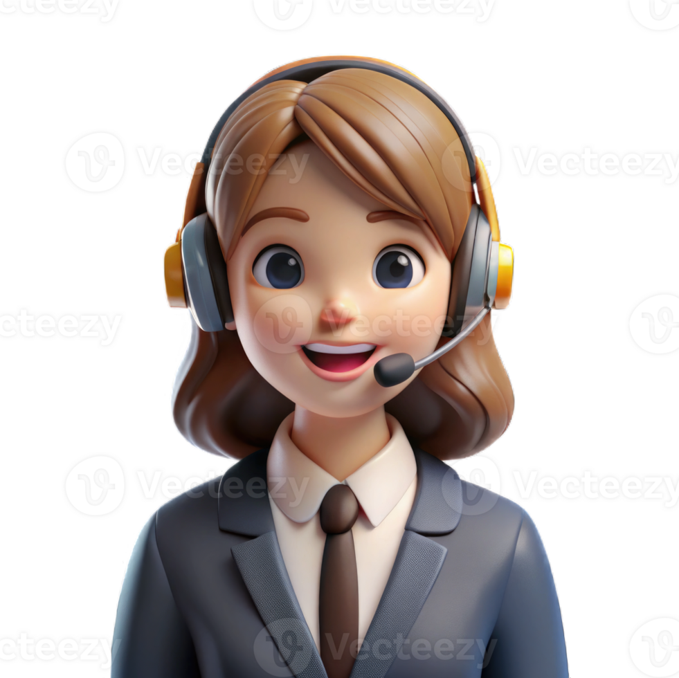 Cartoon girl using headphone on calling 3D render isolated on transparent background png