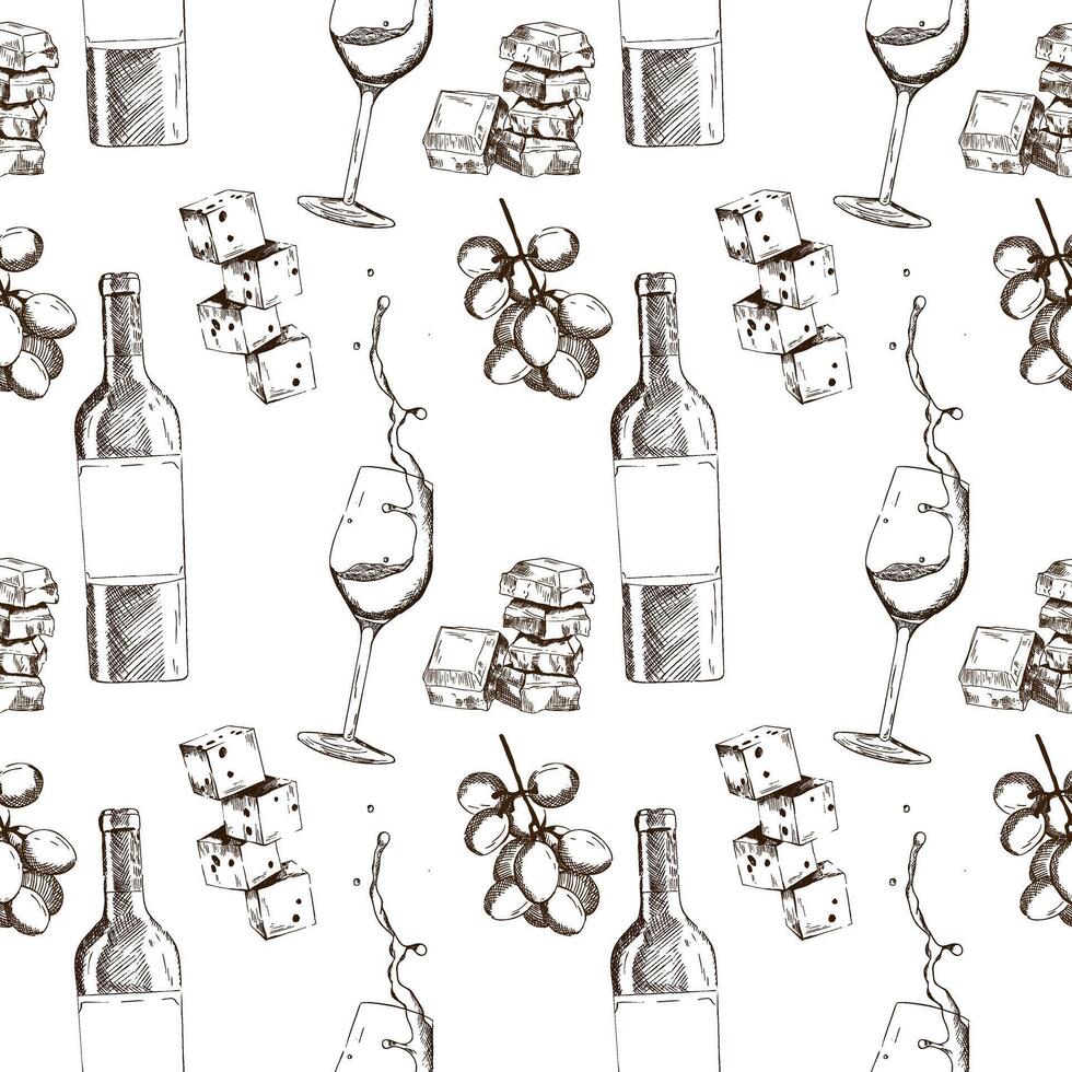 Sketch-style pattern with a bottle of wine and snacks vector