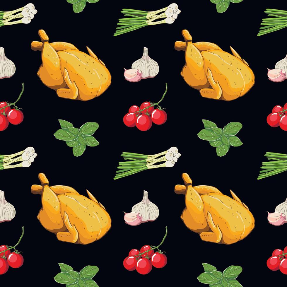 Pattern baked chicken vegetables and spices vector