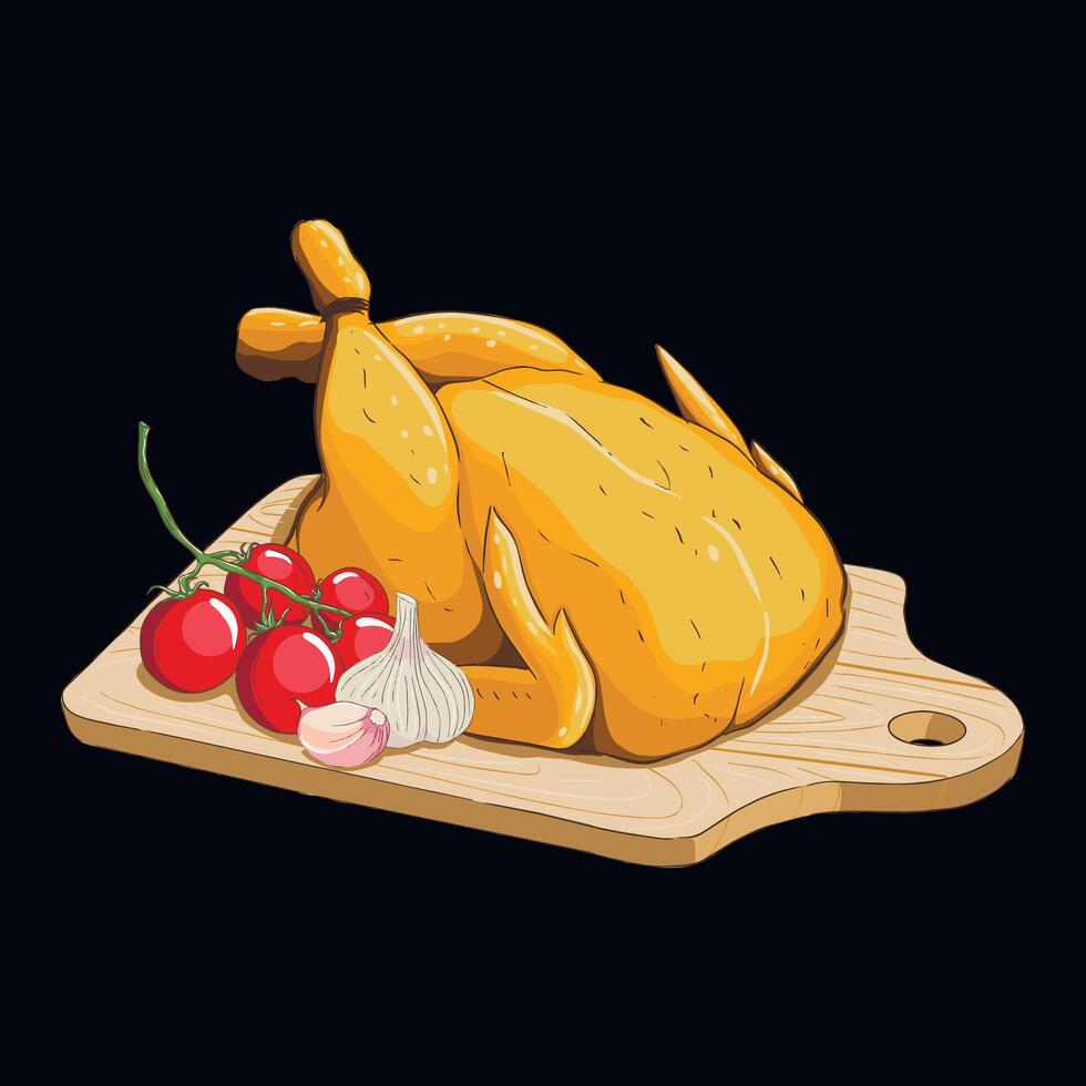 Baked chicken and vegetables on a board vector