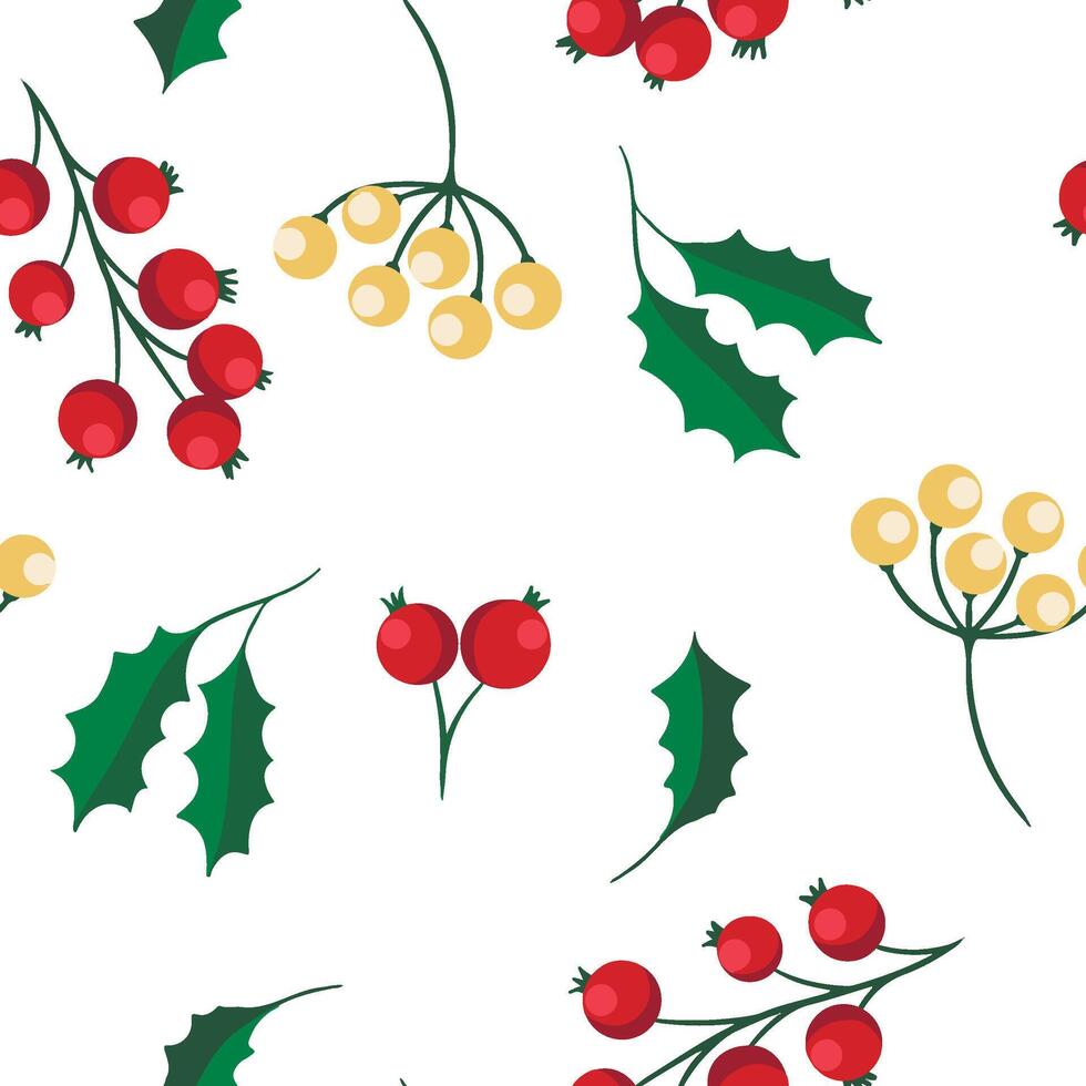 Christmas pattern with holly leaves and red and yellow berries vector
