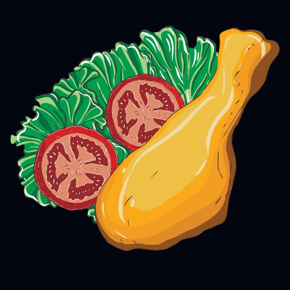 Baked chicken drumsticks with tomatoes and lettuce vector