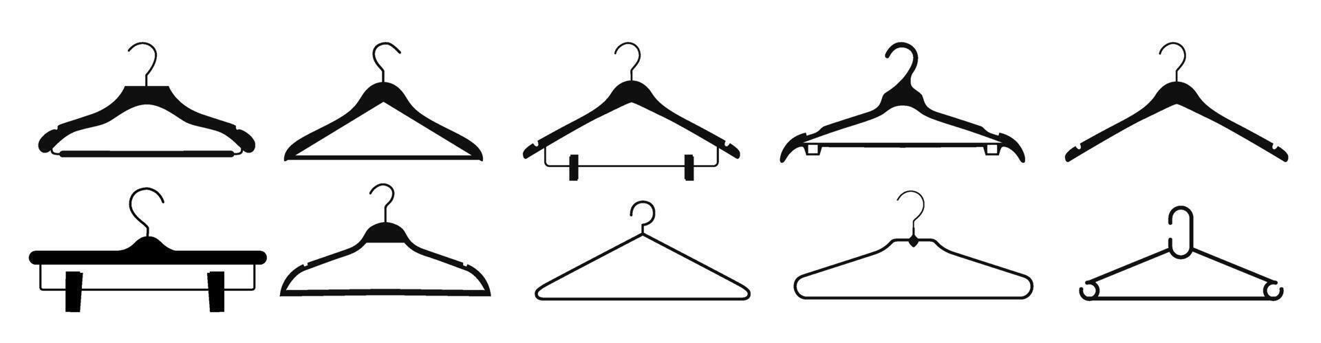 collection of clothes hanger silhouette illustrations. black silhouettes on white background show various shapes of clothes hangers. vector