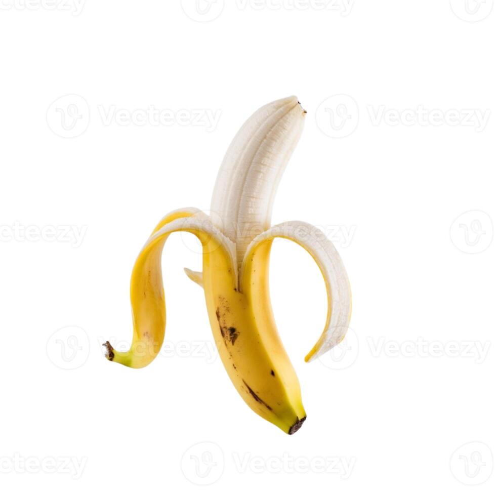 A whole peeled banana displayed against a blank white canvas photo