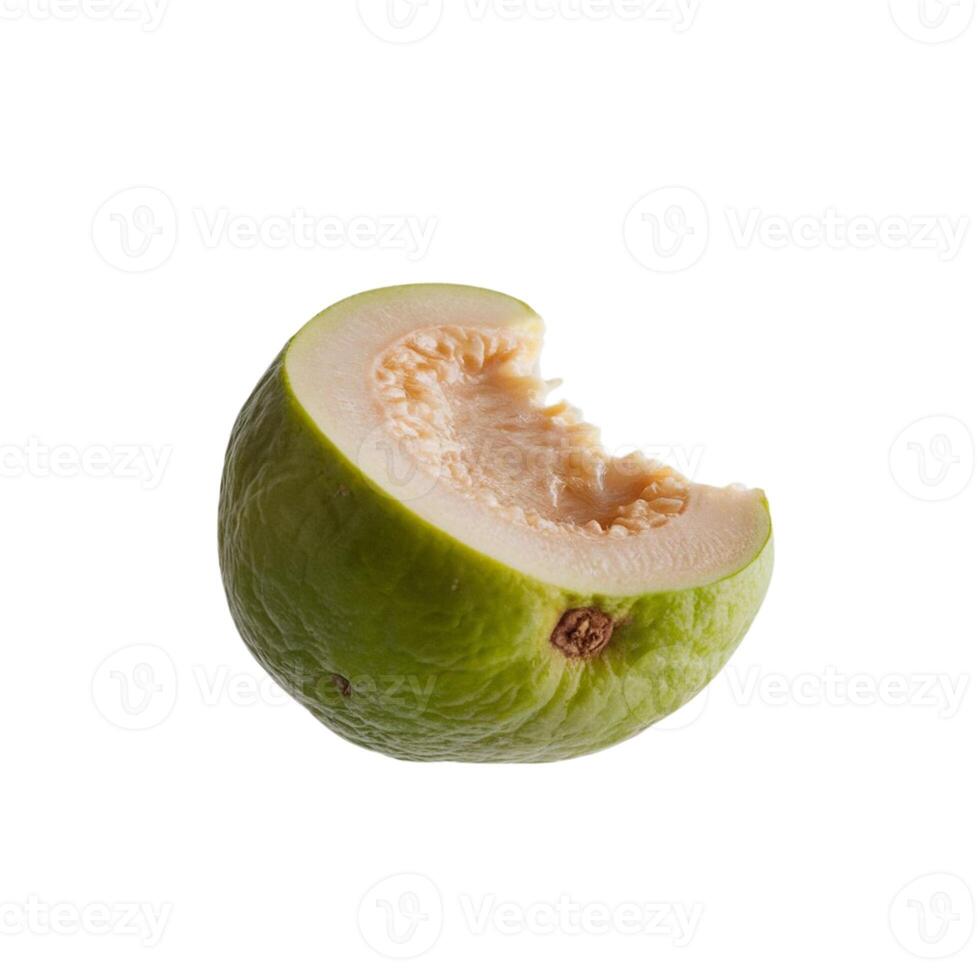 Image of a bitten guava on a plain white backdrop photo
