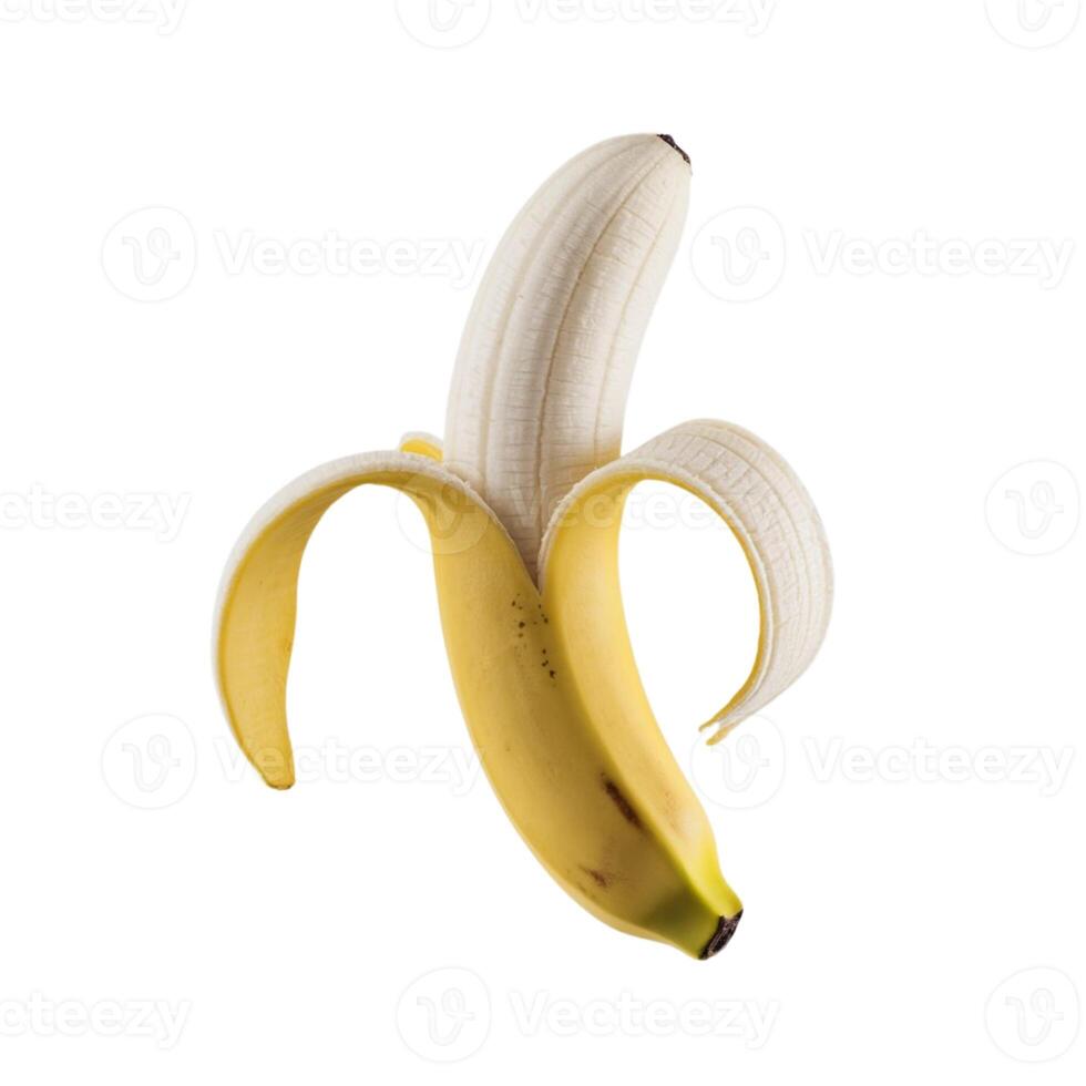 A peeled banana placed on a clean white backdrop photo