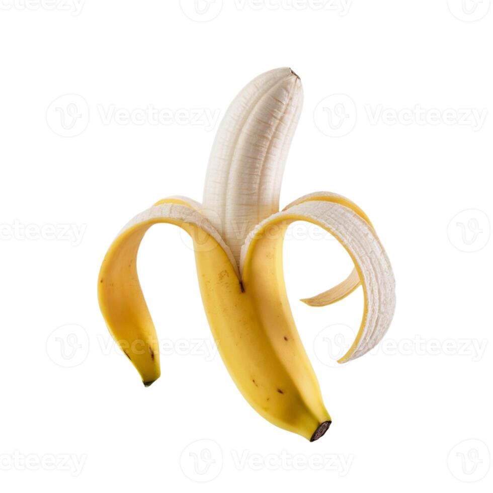 A single sliced banana resting on a plain white surface photo