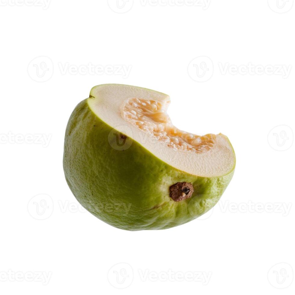 Picture of a guava featuring distinct bite impressions against a white background photo