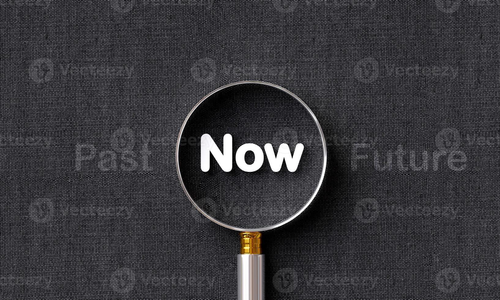 Now wording outstanding inside of Magnifier glass on fabric background. Concept for focusing on current affairs, business trends, and popular technology. photo