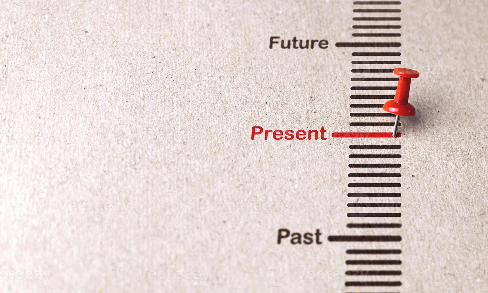 Red pin marks Present on paper background for focusing on current affairs, popular business trends concept. photo