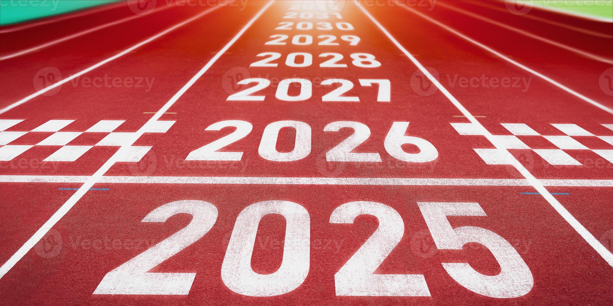 Start of new year. Changes of year 2025, 2026, 2027 on Running track. Concept of new ideas starting in new year, planning along with setting objectives to set KPI goals for success in life. photo