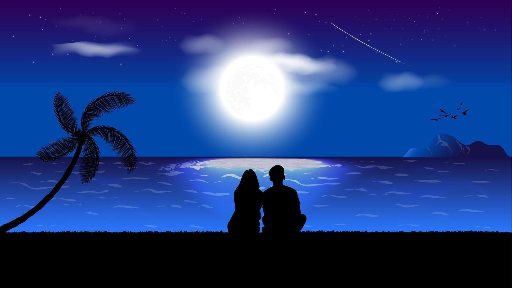 graphics image A couple man and women sitting look at sunset on the beach design illustration vector