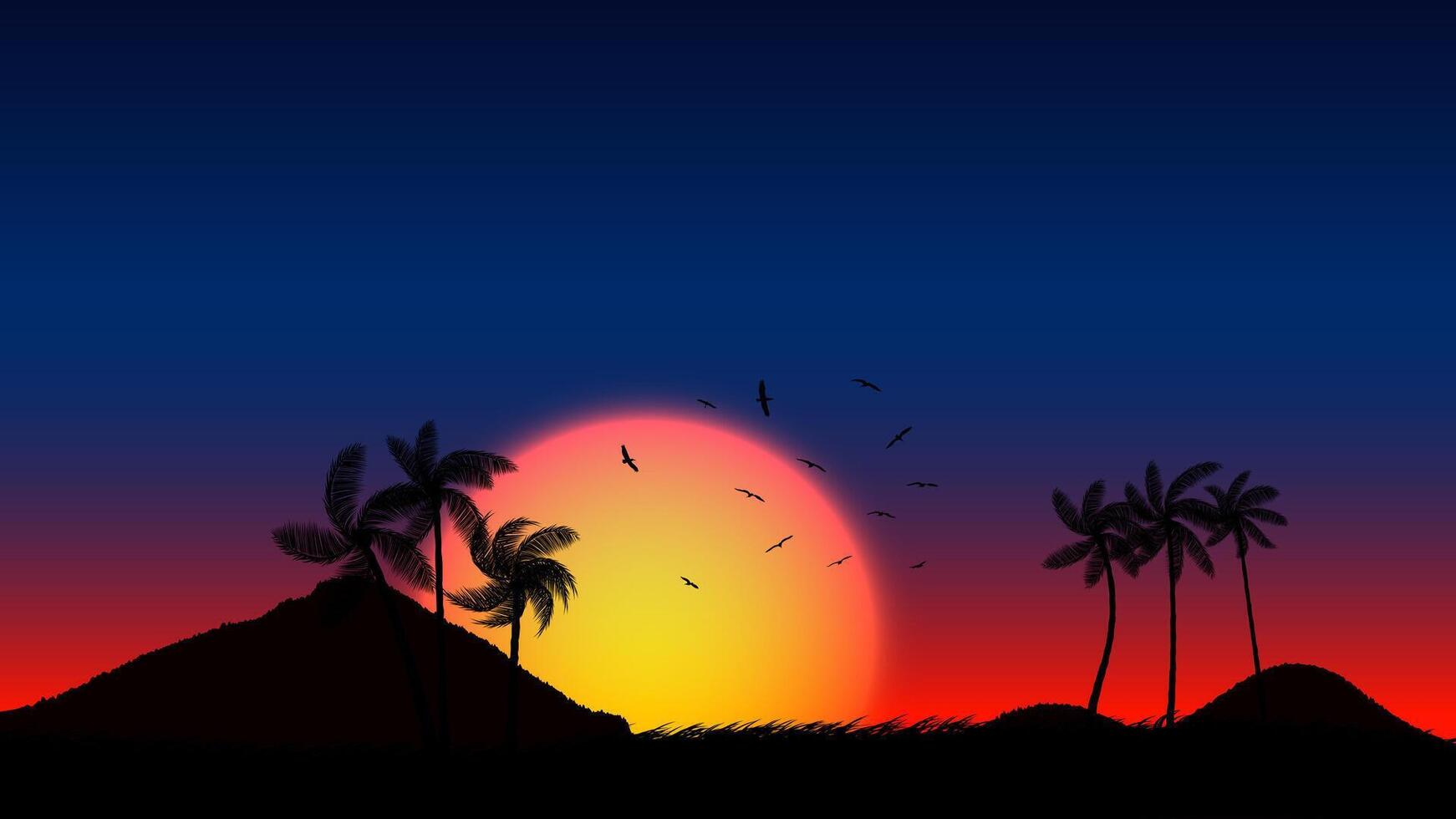 A silhouette of mountains against a vibrant sunset sky. The sun is a large, glowing orb, casting long shadows over the landscape vector