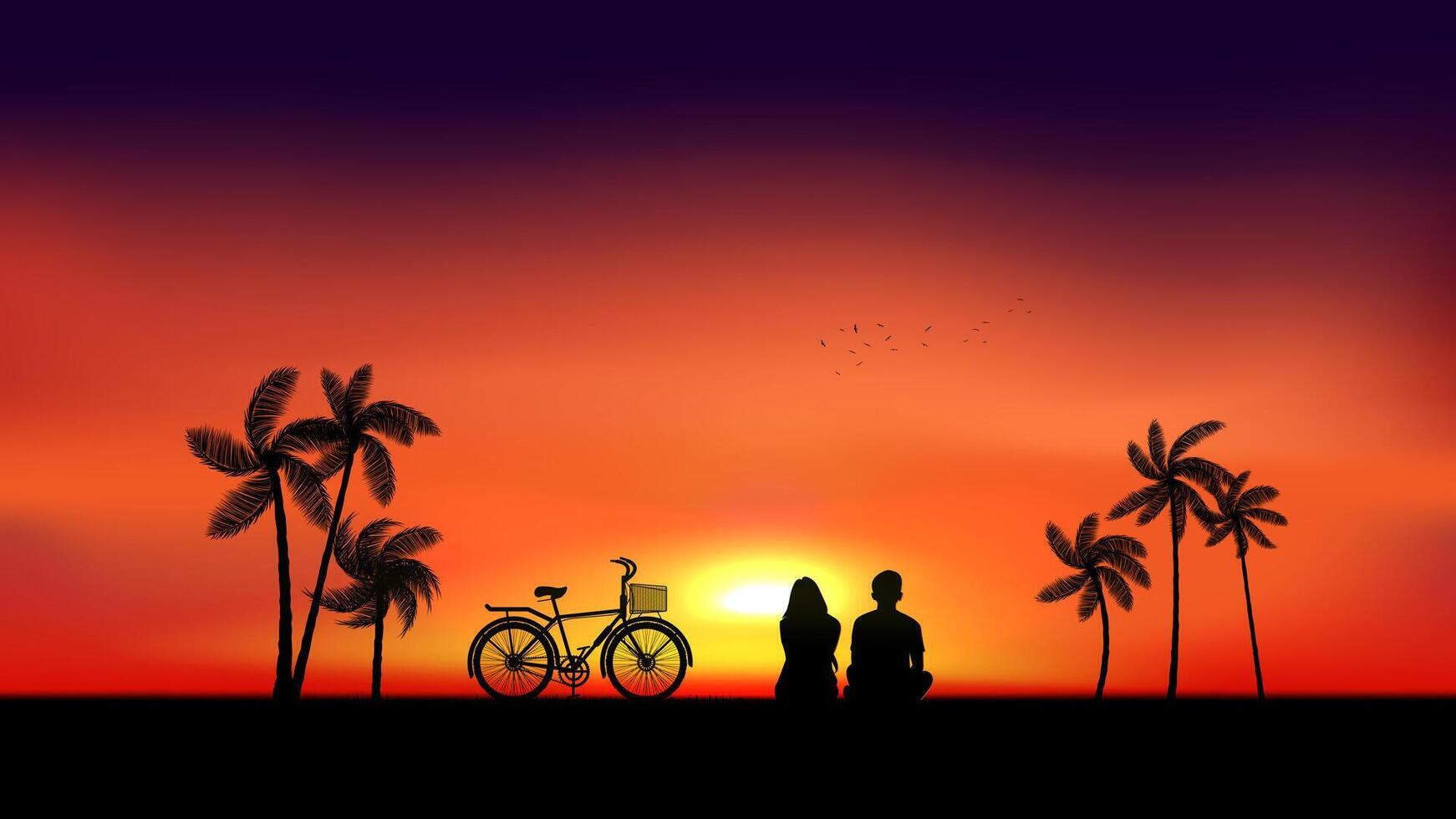 A silhouette of a couple sitting on a beach, watching the sunset. A bicycle is parked next to them. Palm trees line the beach, and the sky is a gradient of orange vector