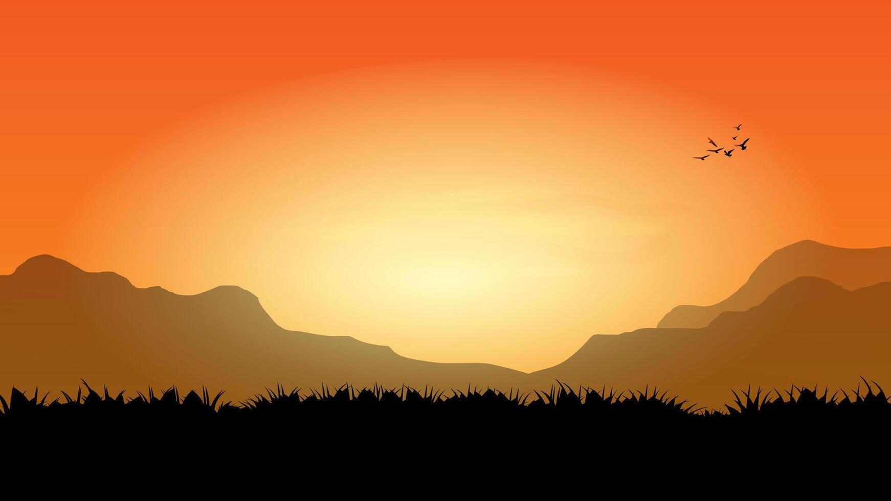graphics drawing landscape view outdoor of sunset with grass on the ground for wallpaper background illustration vector