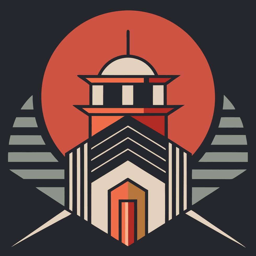 The logo for a building with a red sun in the background vector