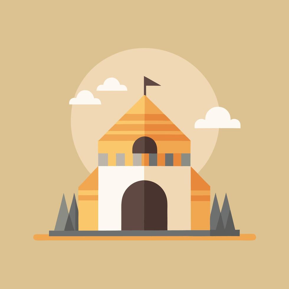 A flat illustration of a castle with a flag on top vector