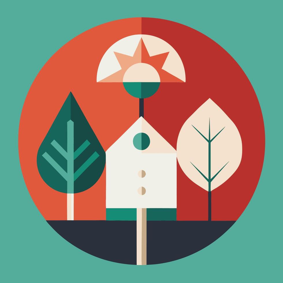 A flat design of a house with trees and a sun vector