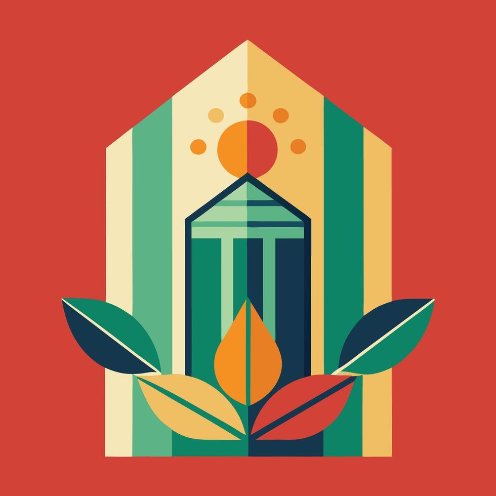 A colorful illustration of a building with leaves and a sun vector