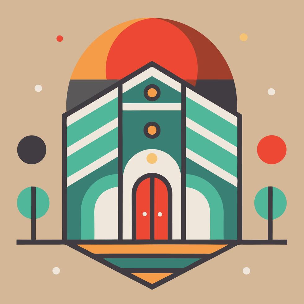 Church building with red door and sun in the background vector