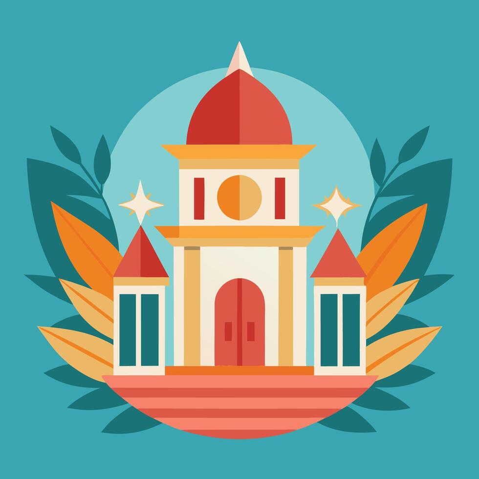 A church with a clock tower and leaves vector