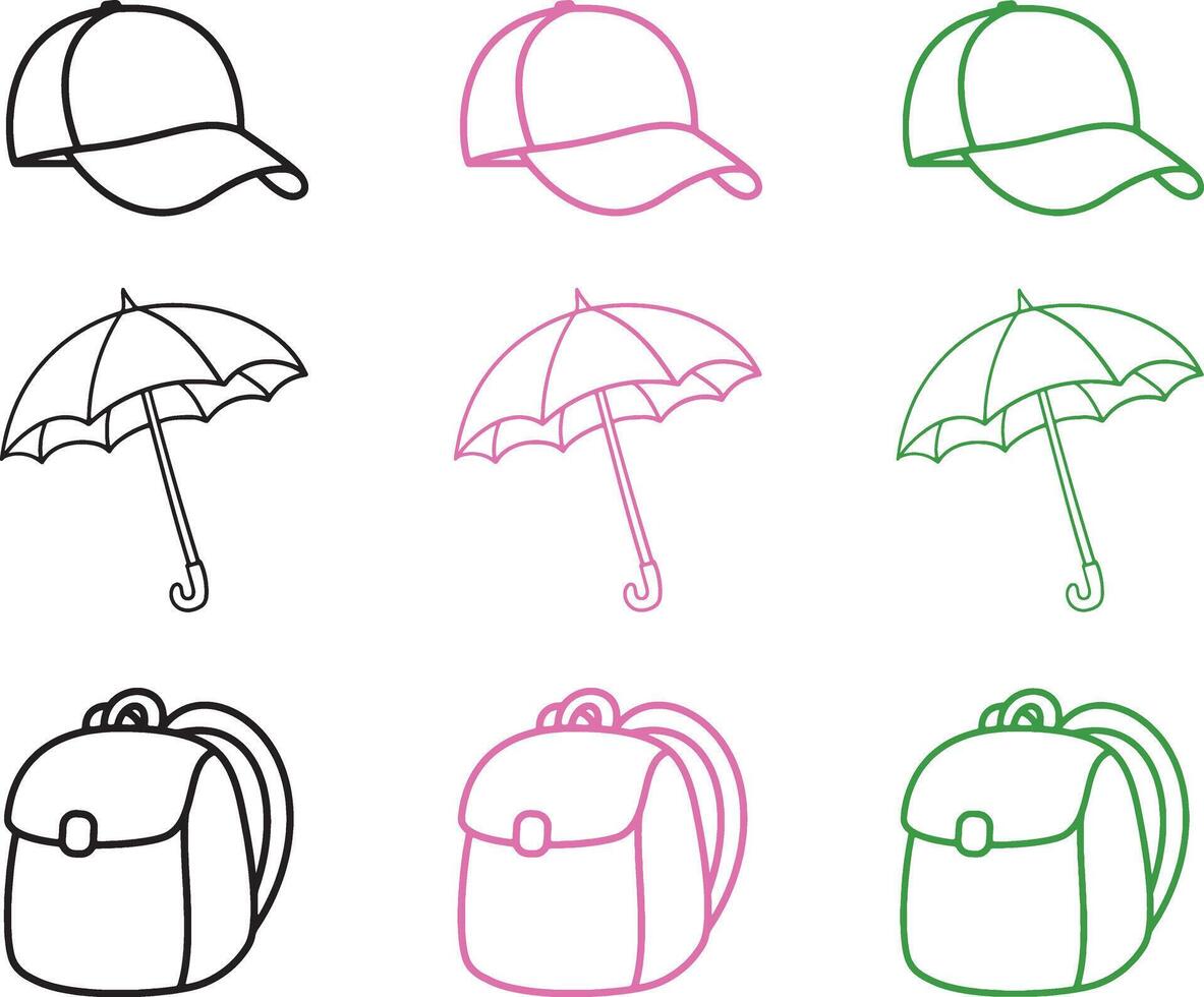 Silhouettes of a school bag, umbrella, and hat in a simple, minimalistic design. Perfect for back-to-school, student life, and weather-related educational themes. vector