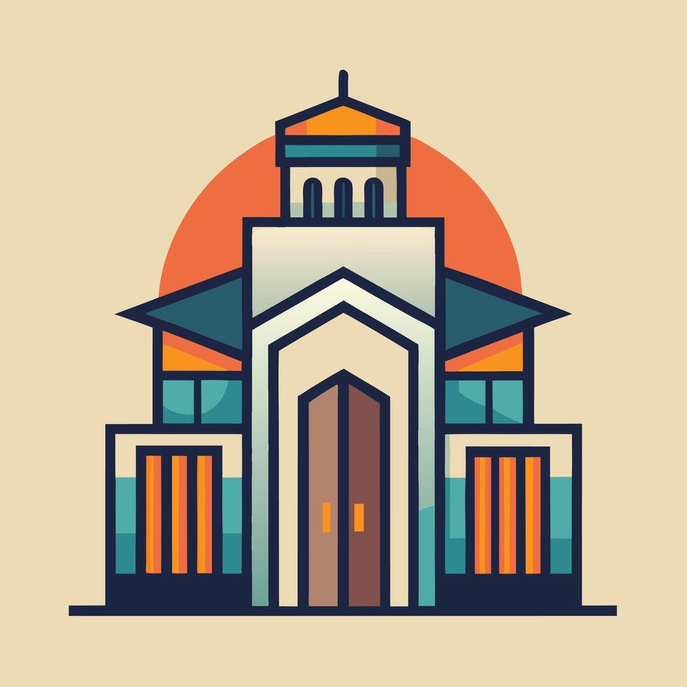 An illustration of a church building with a sun in the background vector