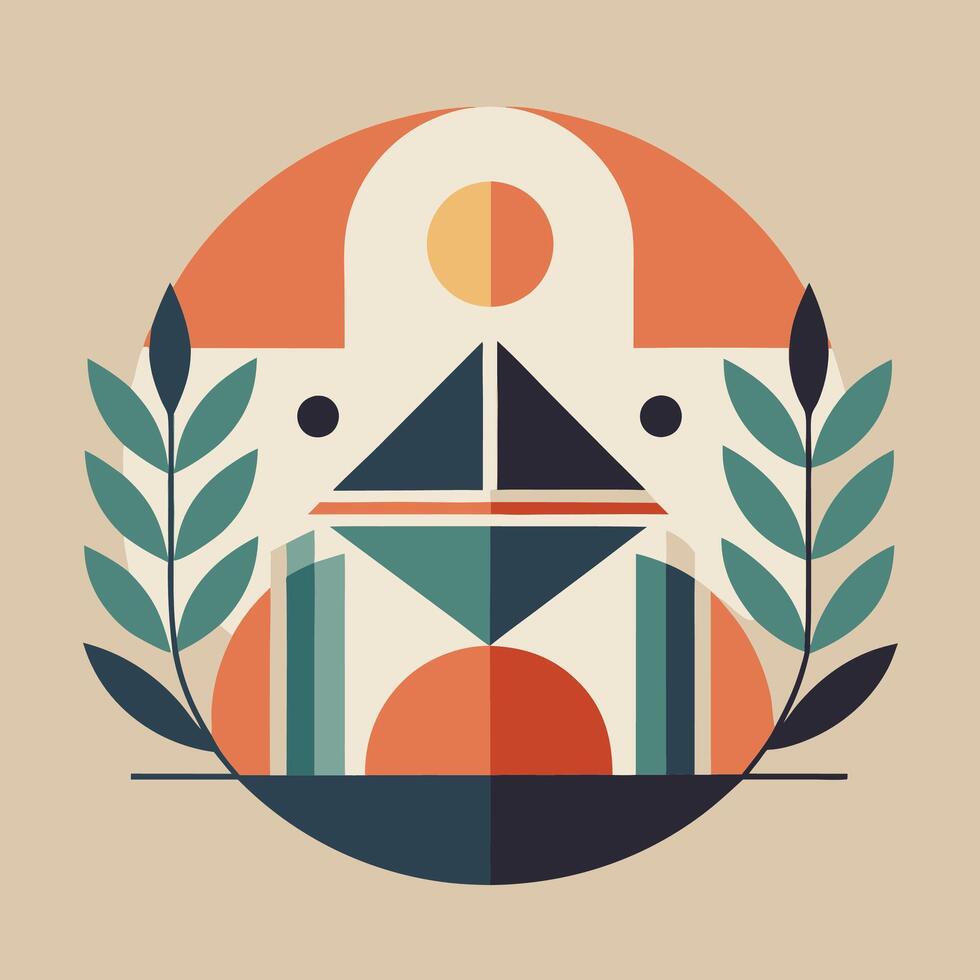 A poster with a building and a sun in the background vector