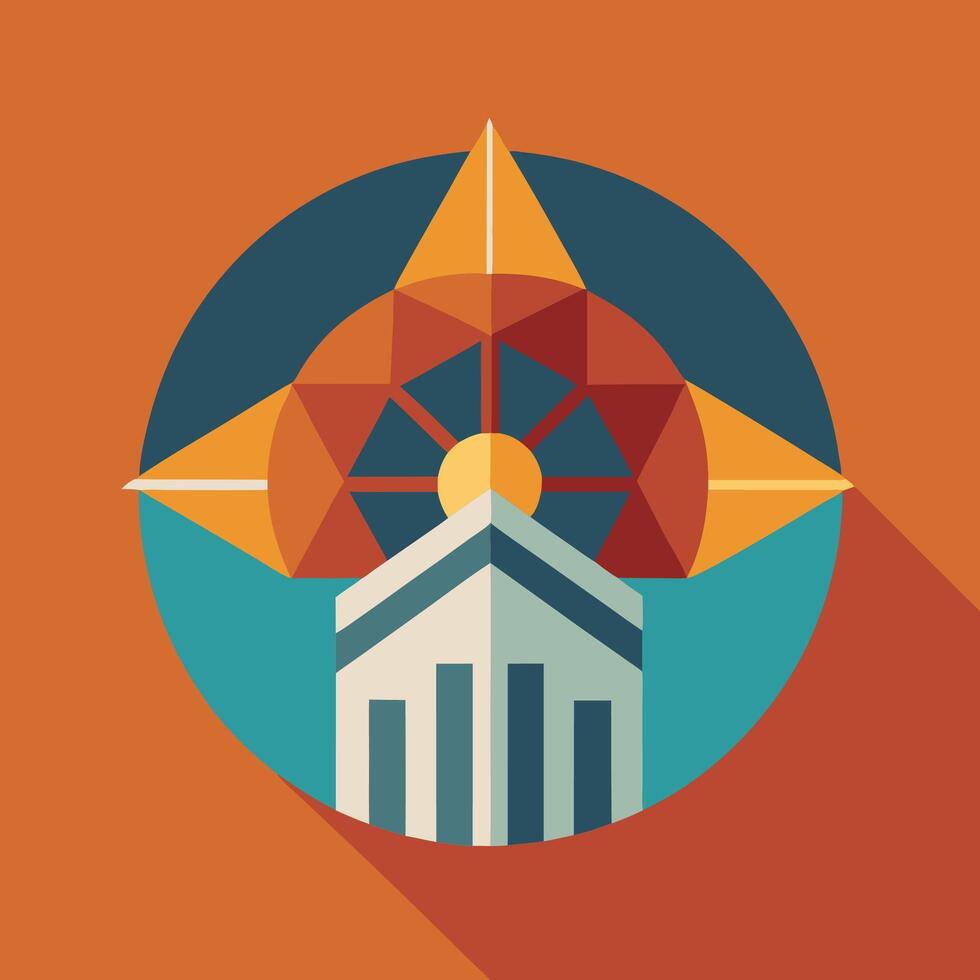 A flat design of a building with a sun in the middle vector