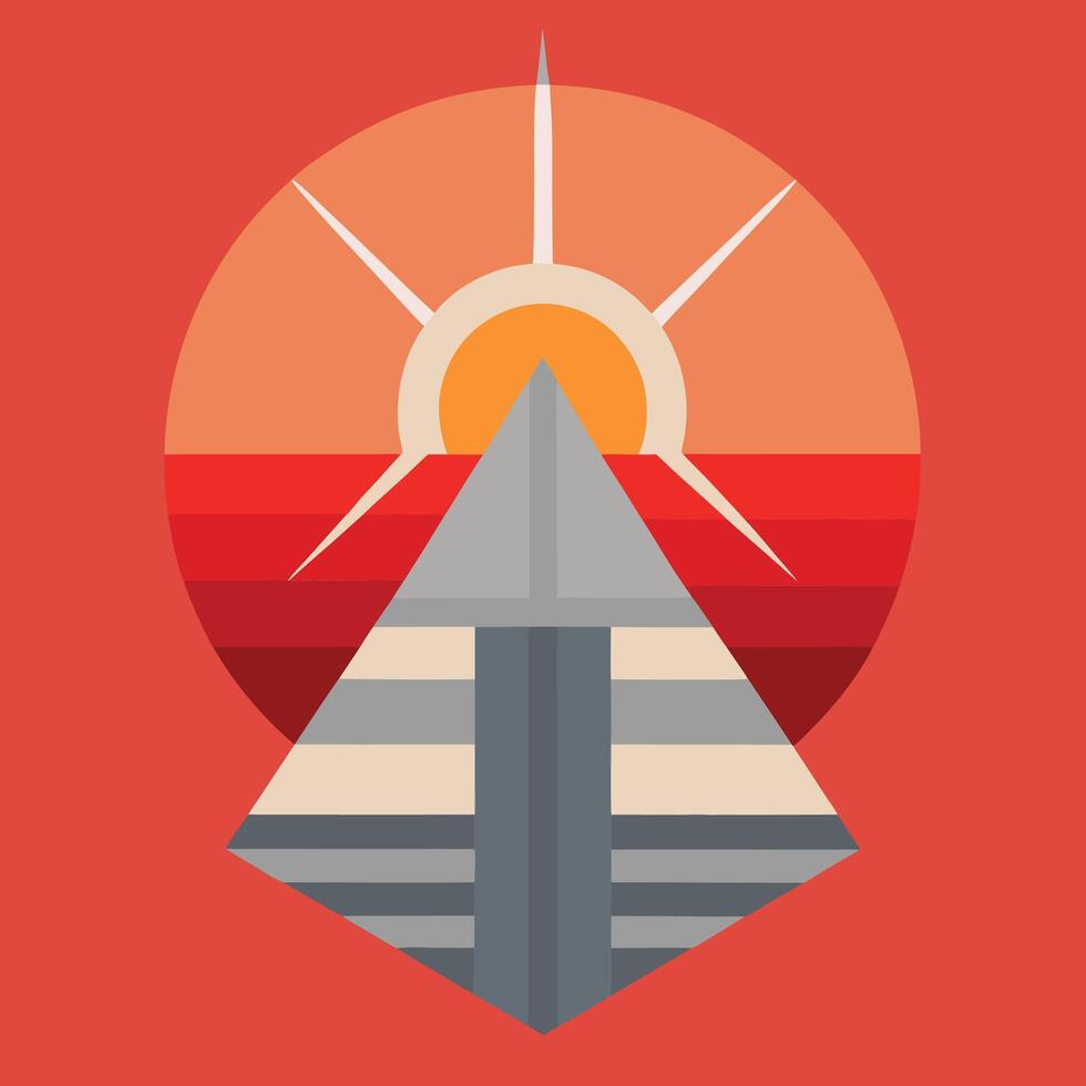 The sun is setting over a pyramid in a flat design vector