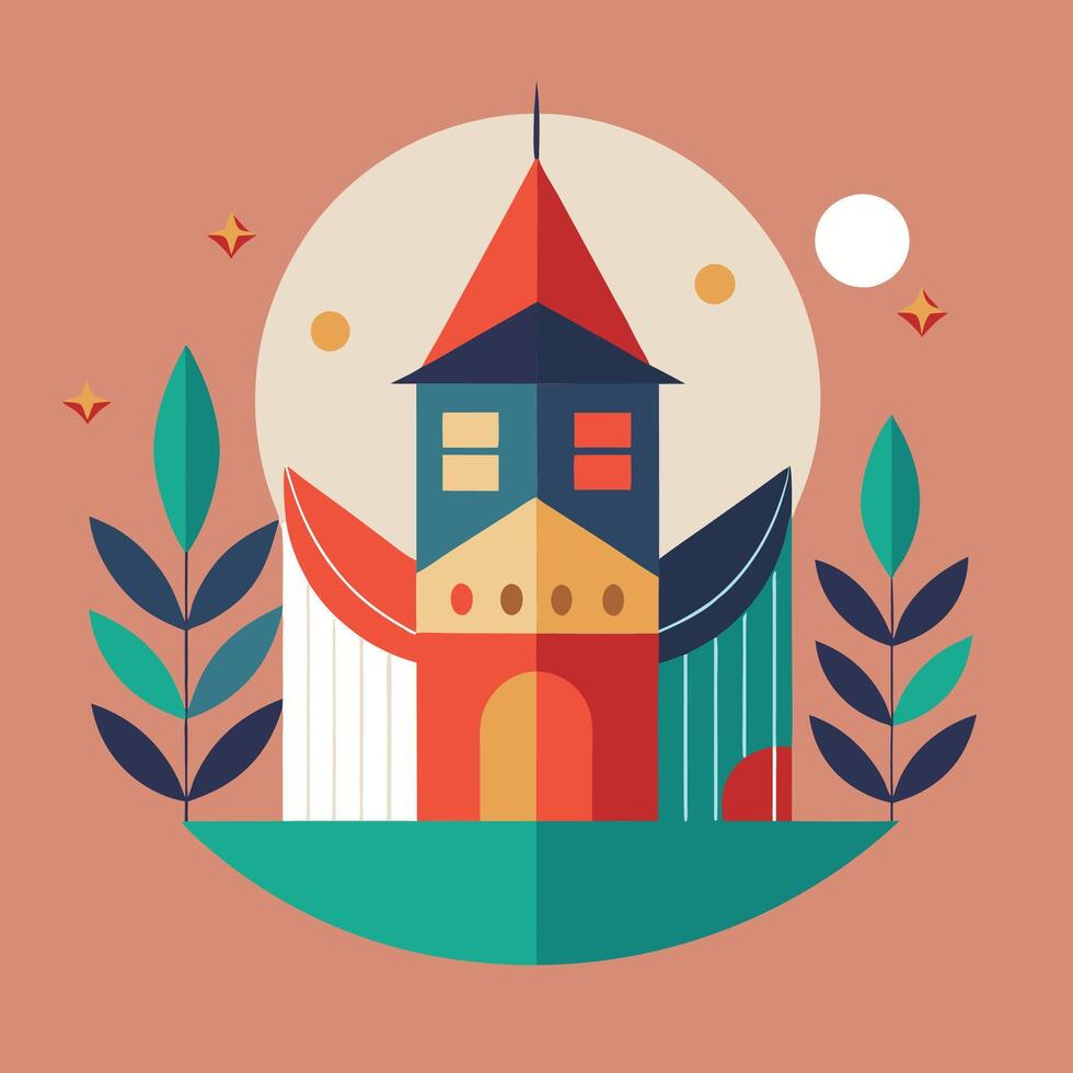 A flat design of a house with a clock tower vector