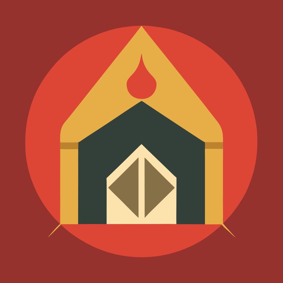 A flat icon of a house with a door and a fire vector