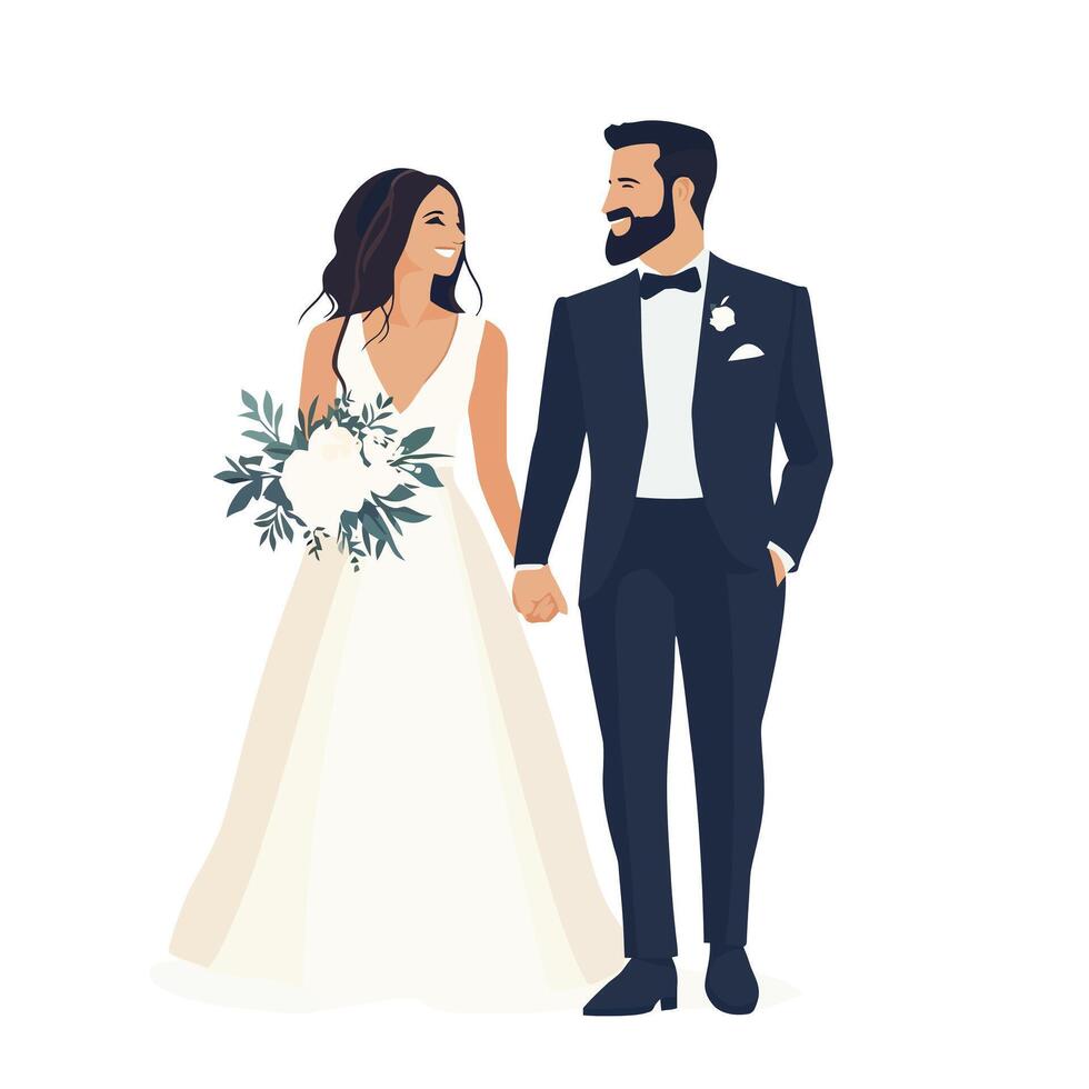 Emotional Wedding Moment with Bride and Groom Holding Flowers vector