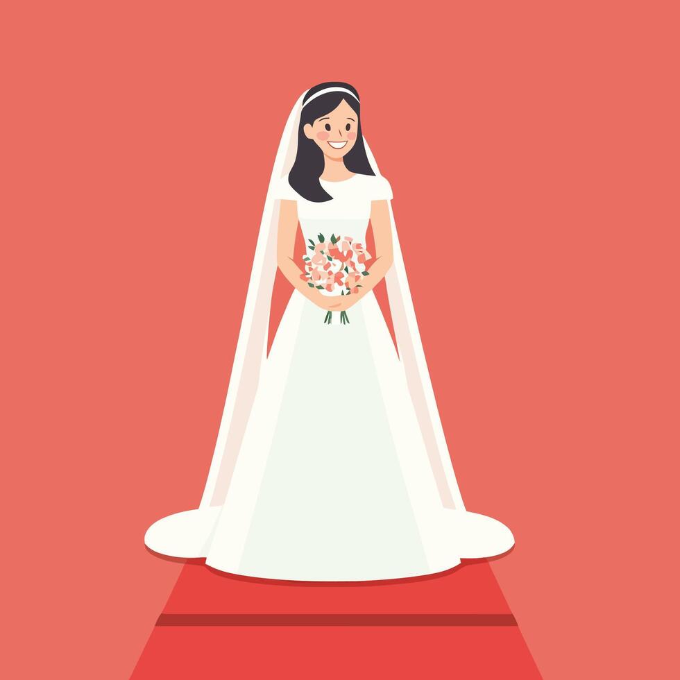 Beautiful Bride Holding a Floral Bouquet in Her Wedding Gown vector