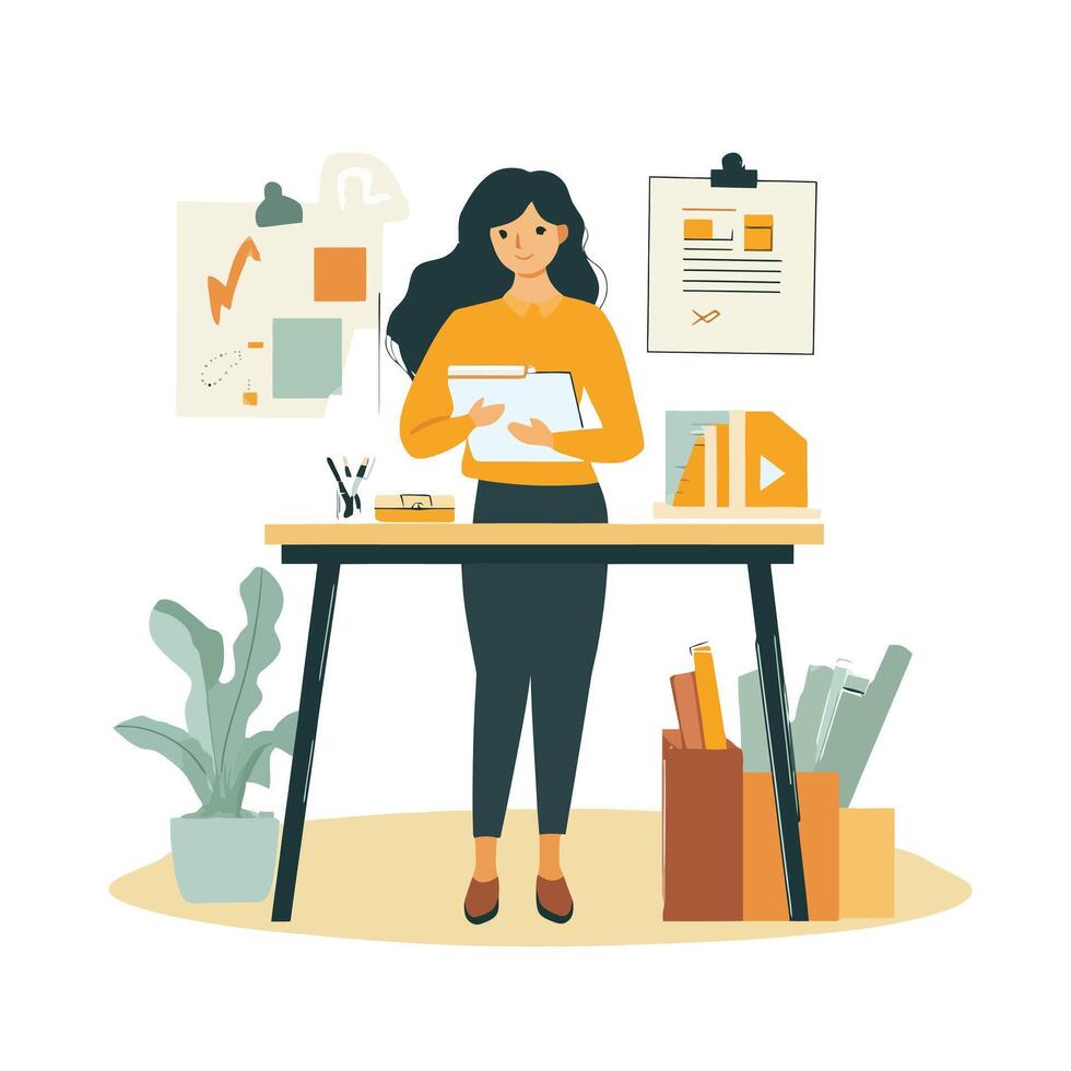 Focused Woman Reviewing Notes Before Her Business Presentation vector