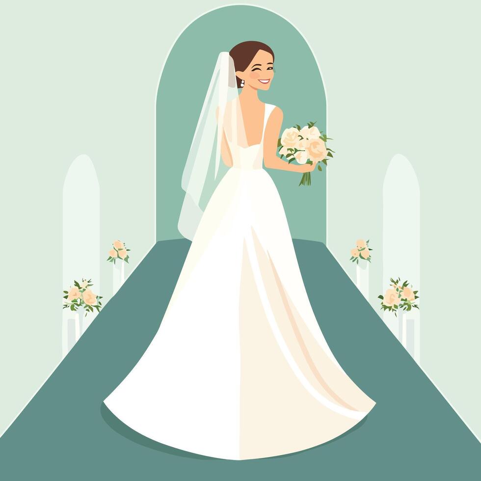 Joyful Bride in a Flowing Gown with Her Lovely Bouquet vector