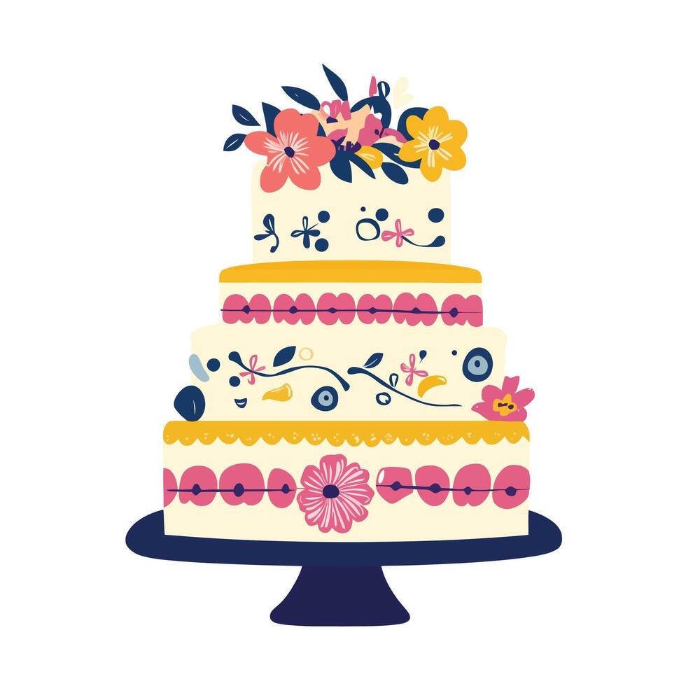 Artistic Cake Design with Fresh Flowers and Fancy Decorations vector