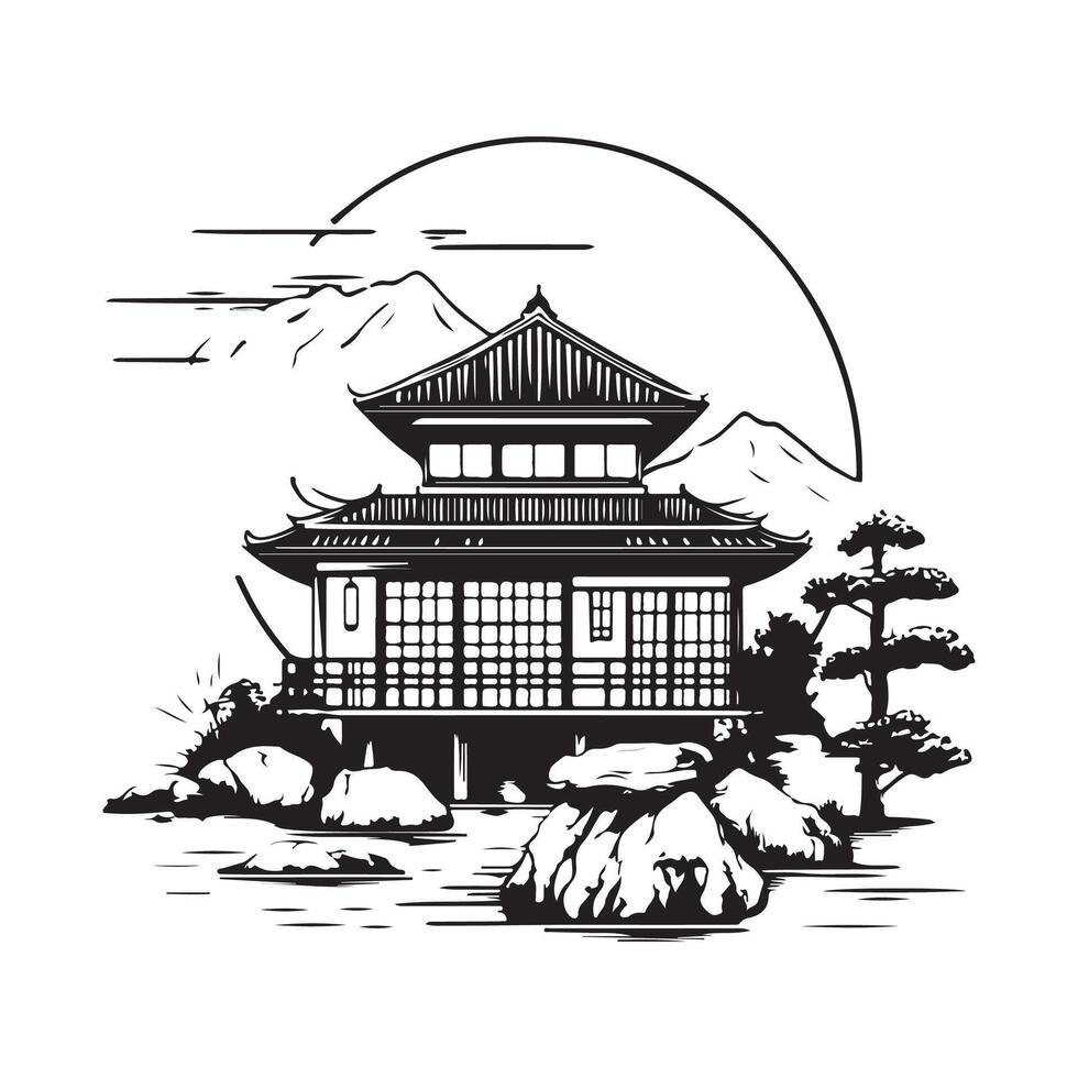 Japanese Garden House Stock Image Isolated on White Background Traditional Design with Beautiful Garden Elements vector
